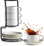 Gomakren 6 Ounce Cappuccino Cups with Saucers and Metal Stand, Stackable Coffee Cup Set of 4, Porcelain Espresso Cups for Coffee Drinks, Cappuccino, Latte, Americano, Tea, White