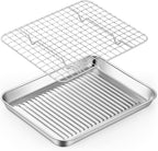 TeamFar Toaster Oven Pan with Cooling Rack, Stainless Steel Mini Baking Tray for Compact Toaster Oven, 9 Inch, Corrugated Bottom & Grid Mesh, Healthy & Heavy-Duty, 1 Pan + 1 Rack