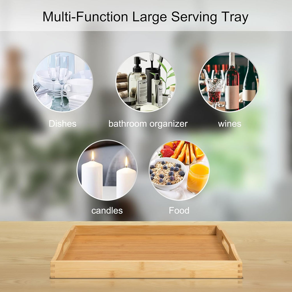 Bamboo Food Serving Tray with Handles, Breakfast Bed Tray for Tea,Snack,Dinner, Home Decorative Storage Food, Platter, Ottoman for Kitchen Counter, Bathroom, Restaurant (Beige)