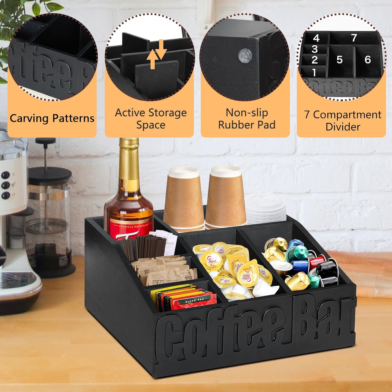 Coffee Bar Organizer for Accessories, Wood Station for Countertop, Farmhouse Pod Syrup Holder, Condiment Organizer for Decor (Black)