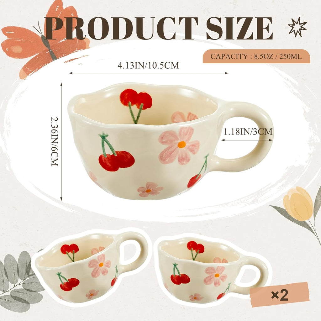 Vesici 2 Pcs Ceramic Coffee Mugs Flower Cups with Spoon Vintage Floral Mugs with Handle 8.5 oz Aesthetic Tea Porcelain Cup Gift for Valentine Office Home, Dishwasher and Microwave Safe(Cherry)