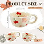 Vesici 2 Pcs Ceramic Coffee Mugs Flower Cups with Spoon Vintage Floral Mugs with Handle 8.5 oz Aesthetic Tea Porcelain Cup Gift for Valentine Office Home, Dishwasher and Microwave Safe(Cherry)