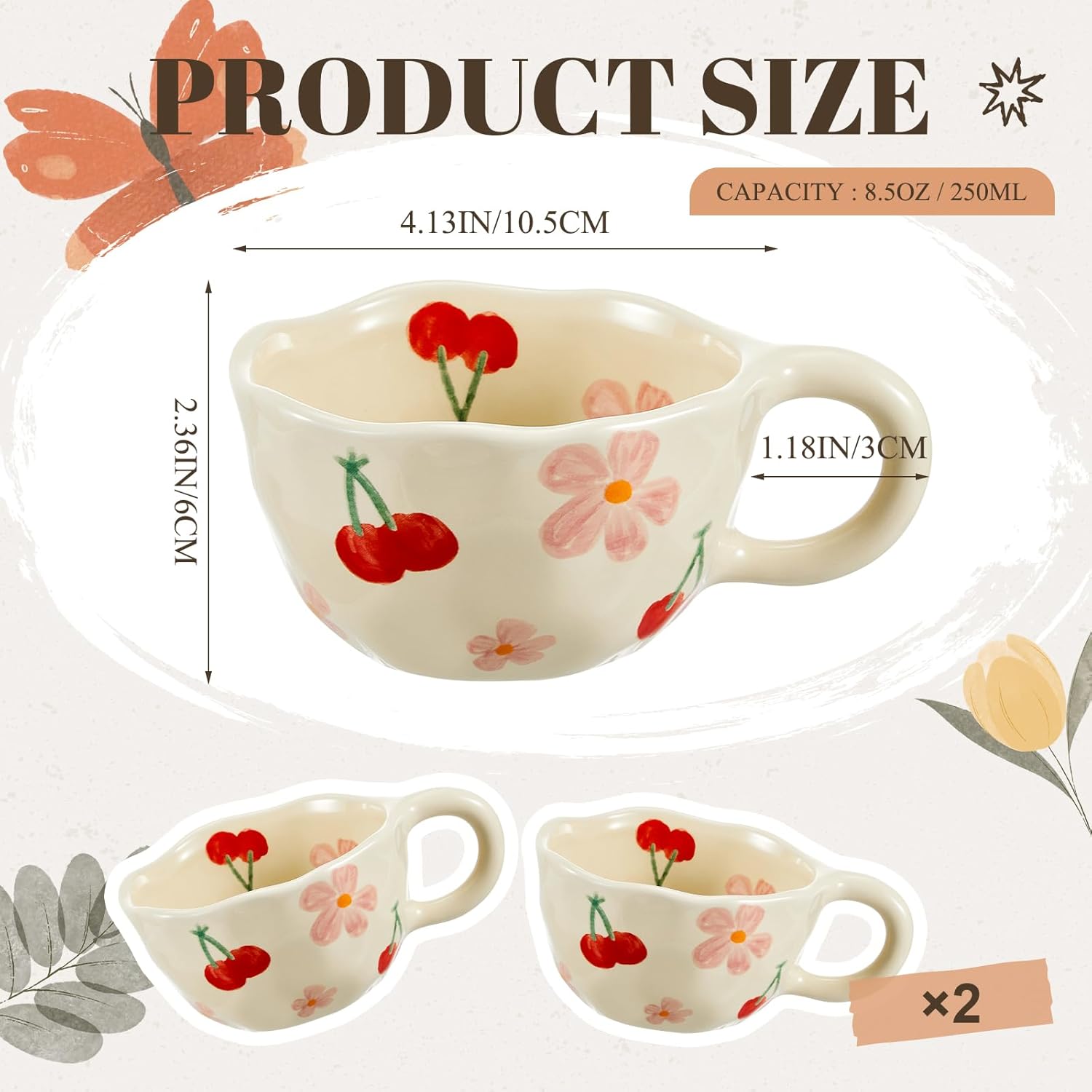 Vesici 2 Pcs Ceramic Coffee Mugs Flower Cups with Spoon Vintage Floral Mugs with Handle 8.5 oz Aesthetic Tea Porcelain Cup Gift for Valentine Office Home, Dishwasher and Microwave Safe(Cherry)