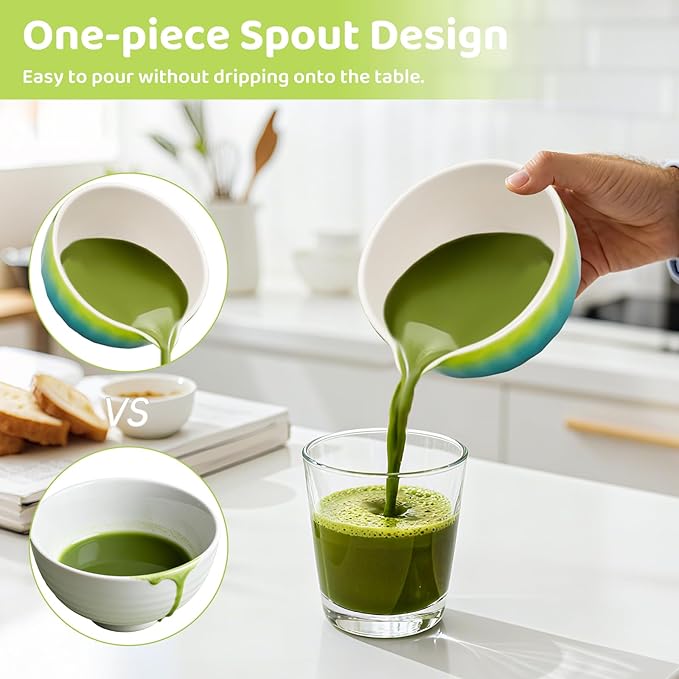 8PCS Matcha Whisk Set, Ceramic Matcha Tea Set Includes Matcha Bowl with Spout, Holder, Bamboo Whisk, Spoon, Sifter, Tea Cloth, Scoop and Scoop Stand (Hammered Gradient Green and Blue)