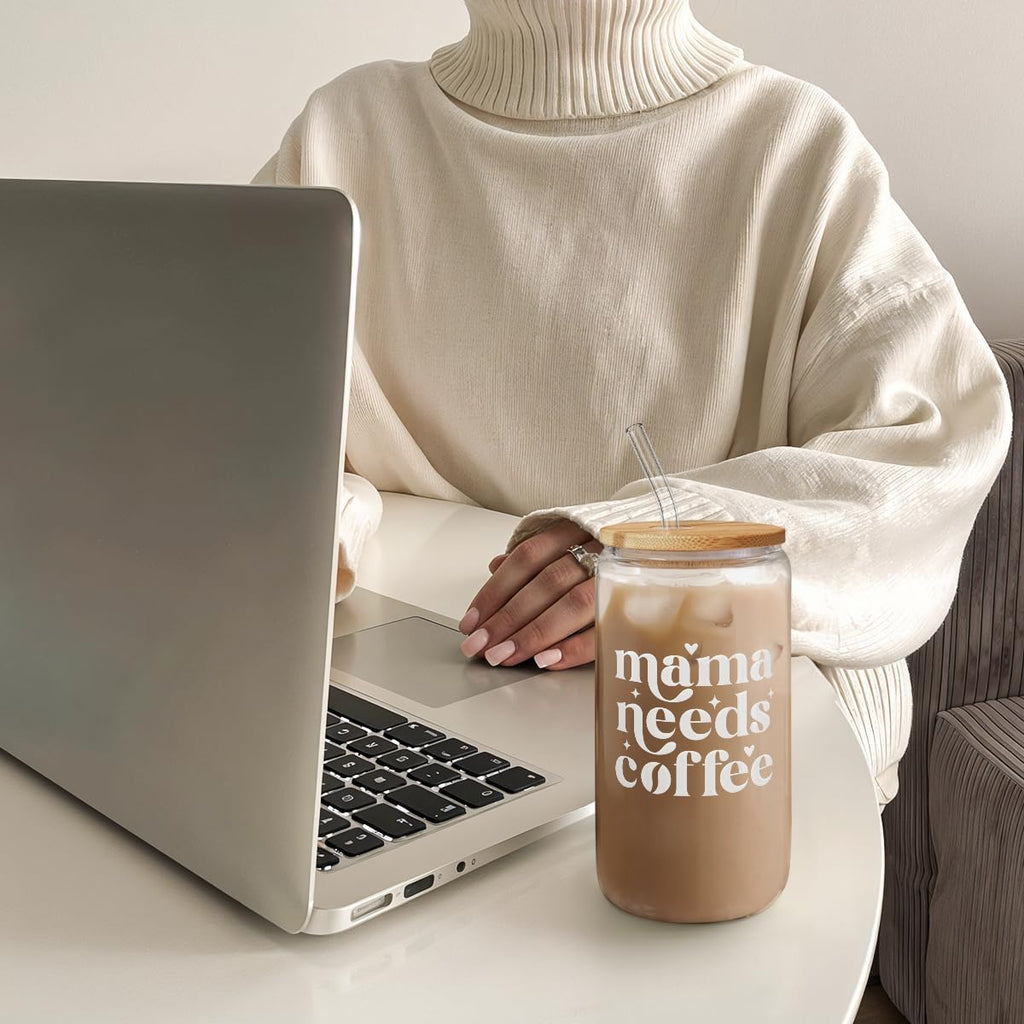 SANDJEST Mom Glass Can, Mama Needs Coffee Cup with Lid & Straw, Iced Coffee Aesthetic Cups, Idea Gifts for Christmas Birthday Mother Day, Gifts for Women, 16oz