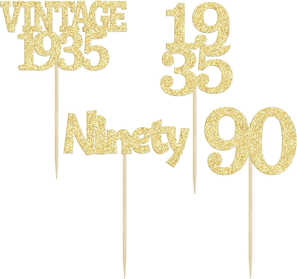 Gyufise 24Pcs 90th Birthday Cupcake Toppers Glitter Cheers to 90 Fabulous Ninety Vintage 1935 Cupcake Picks 90th Birthday Wedding Anniversary Party Cake Decorations Supplies Gold