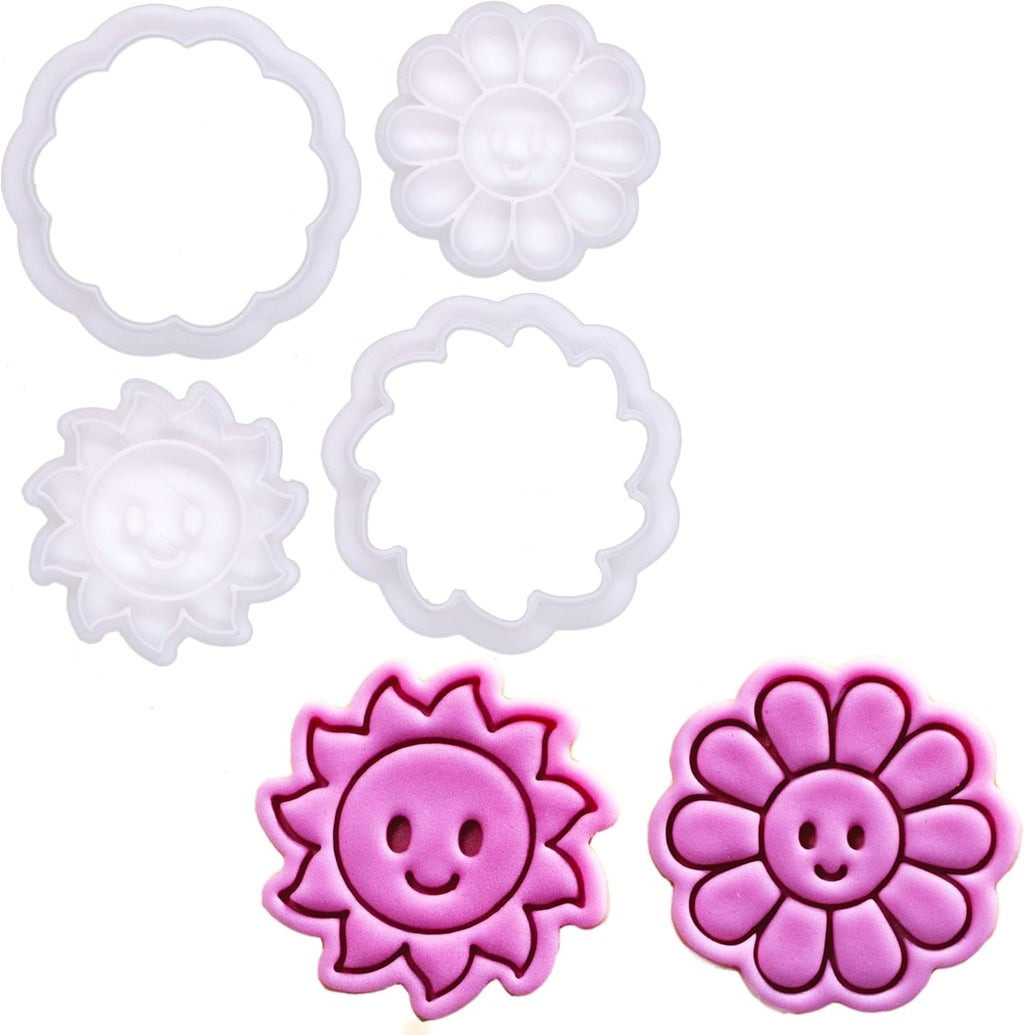 BAKERLOGY Happy Days - Mini 2" Cookie Cutter & Stamp Set - Happy Daisy & Happy Sun Design for Easter, Summer & Spring Cookies, Cupcakes & Fondant Decorations