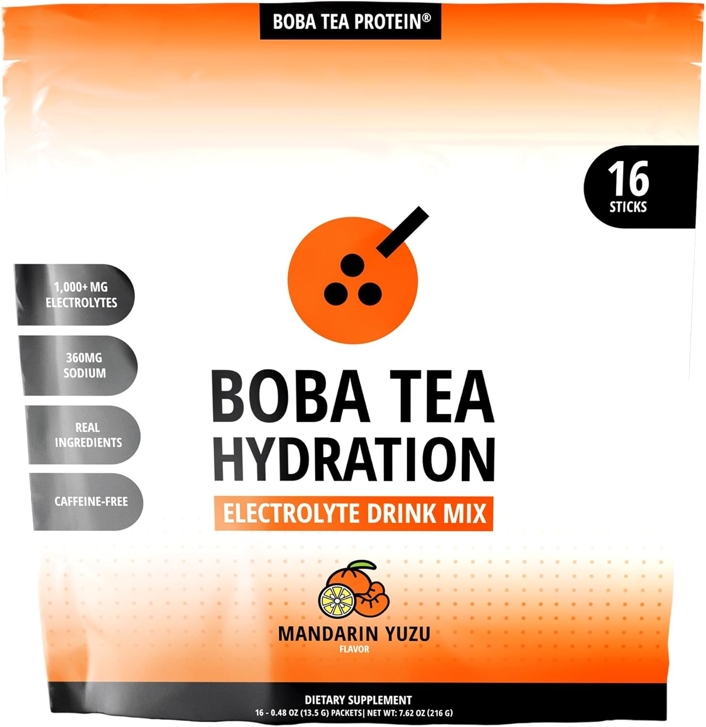 Boba Tea Hydration | Electrolyte Powder Drink Mix | Mandarin Yuzu | 1000mg Electrolytes, Vitamin C | 16 Stick Packets