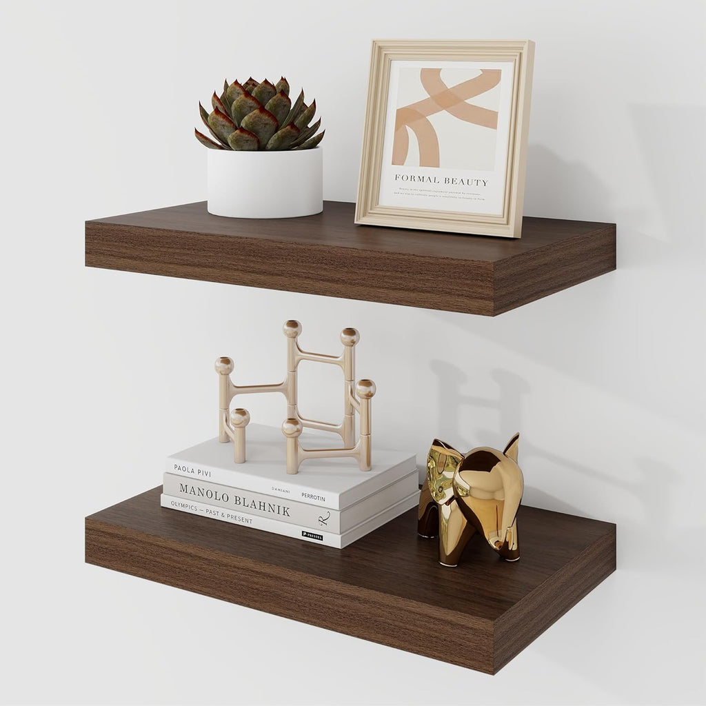 16 Inch Floating Shelves, 9.3" Deep Floating Shelf Wall Mounted, 16" Wall Shelves, Rustic Deep Bookshelf, Large Display Shelves & Storage Shelves for Bedroom, Living Room, Walnut, Set of 2