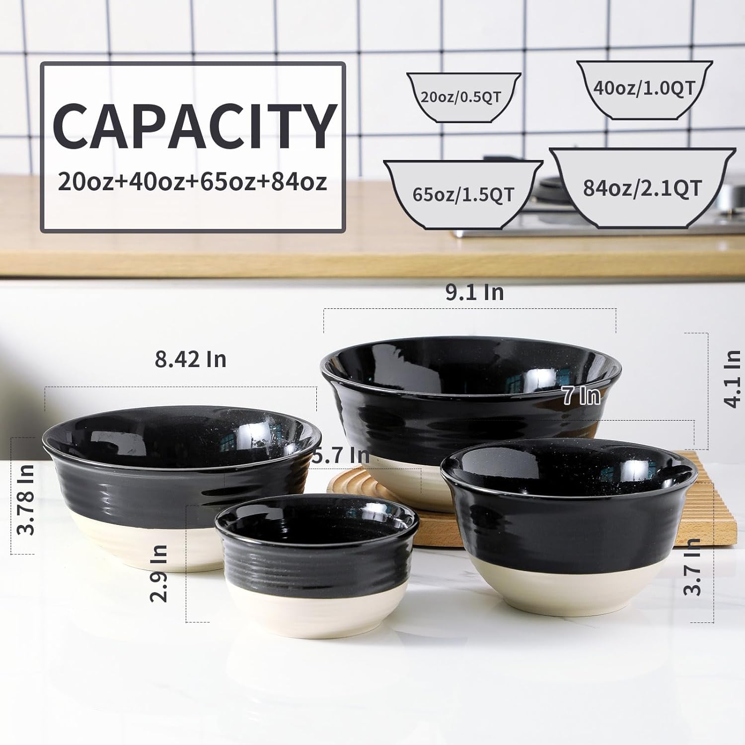 Hasense Large Ceramic Mixing Bowls, 2.1/1.5/1.0/0.5 Qt Serving Bowls for Kitchen, Nesting Salad Bowls Set for Mixing, Cooking, Baking, Fruit, Side Dishes, Holiday Serving Dishes, Set of 4, Black