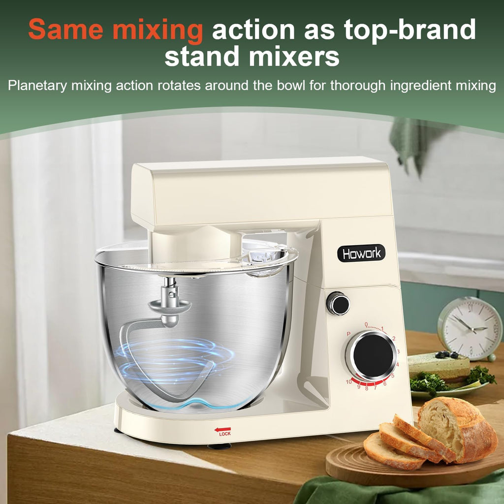 HOWORK Stand Mixer,10+p Speeds With 5.5QT Stainless Steel Bowl,Dough Hook, Wire Whip & Beater,for Most Home Cooks,Cream White