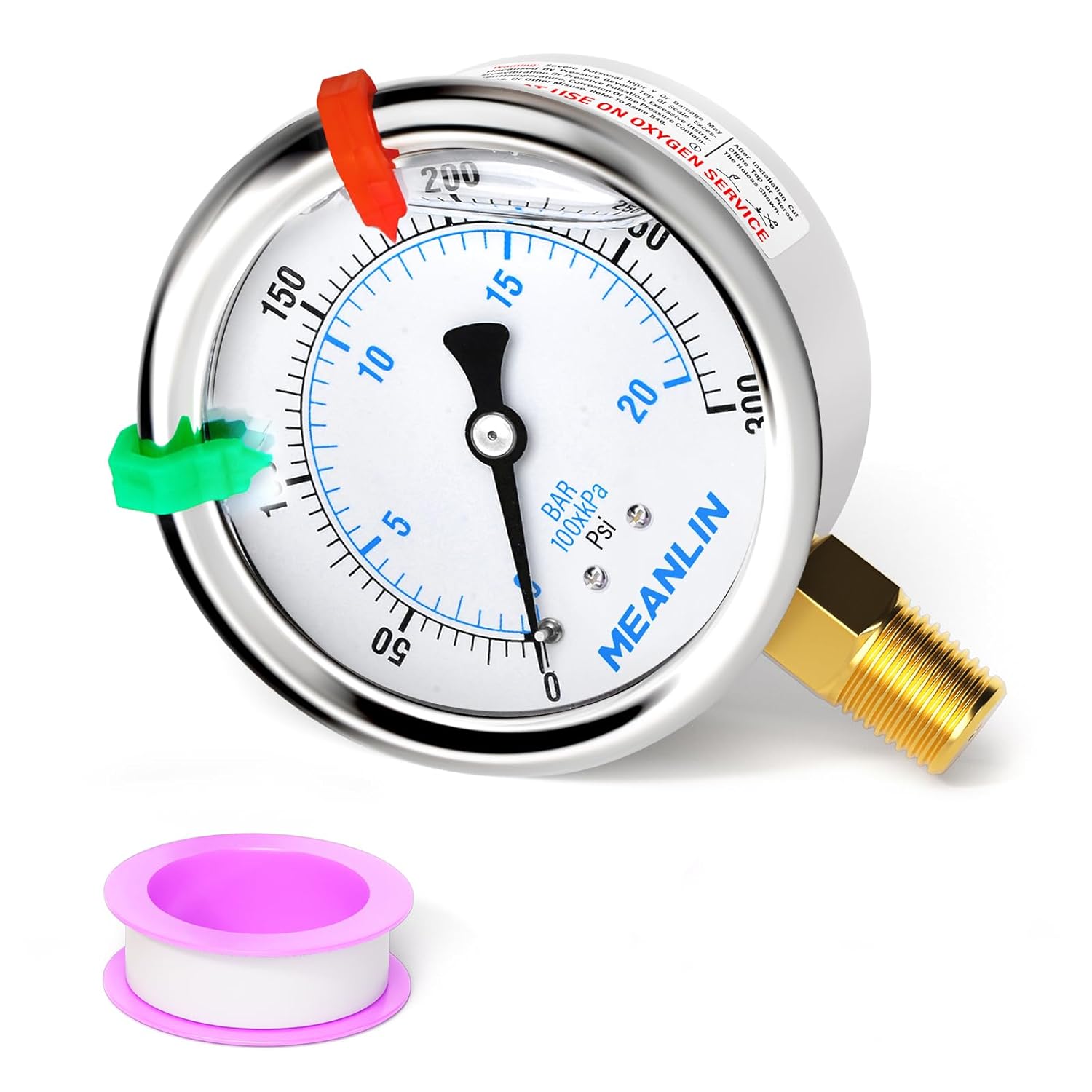 MEANLIN MEASURE 0~300Psi Liquid Filled Pressure Gauge 1/4" NPT 2.5" FACE DIAL Stainless Steel Glycerin Filled WOG Water Oil Air Lower Mount (with 2PCS Snaps)