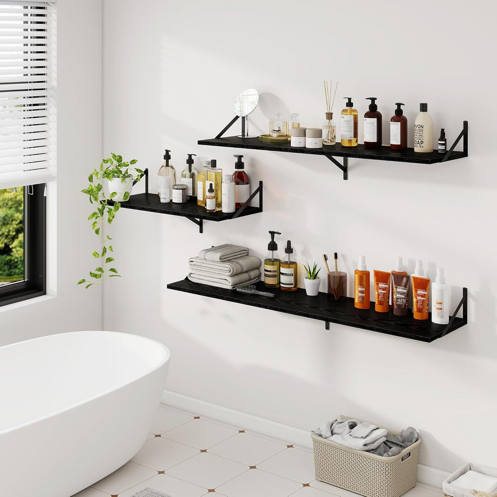 Dreamland Floating Shelves for Wall, 12 Inch Deep Floating Shelves Set of 2, 55W x 12D Large Wall Shelf with Sturdy Metal Brackets for Living Room, Bathroom, Bedroom and Kitchen, Black