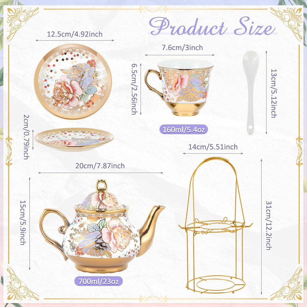 Zhehao 20 Pcs Porcelain Tea Set with Metal Holder and Spoon Adult Ceramic Tea Party Set European Flower Painting Teapot Cup Saucer Spoon Set for Women, Large Version(Rustic Style)