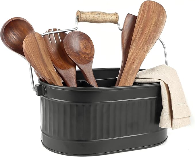 Alpha Living Home 4-Compartment Flatware Caddy - Metal Cutlery Holder Silverware & Condiment Organizer, Perfect for Kitchen, Dining, and Picnics (Black)