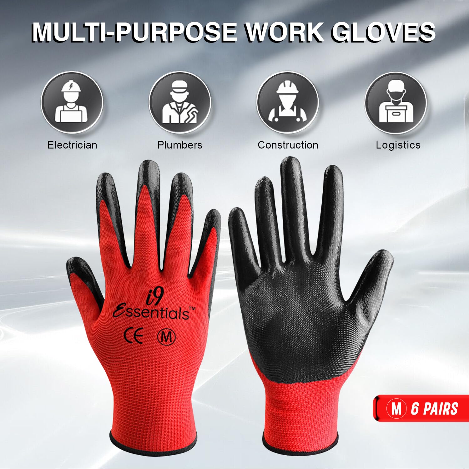 I9 Essentials 6 Pairs - Medium PU-Coated Seamless Work Gloves Lightweight Safety Gloves with Grip - Gardening, Construction, Woodworking