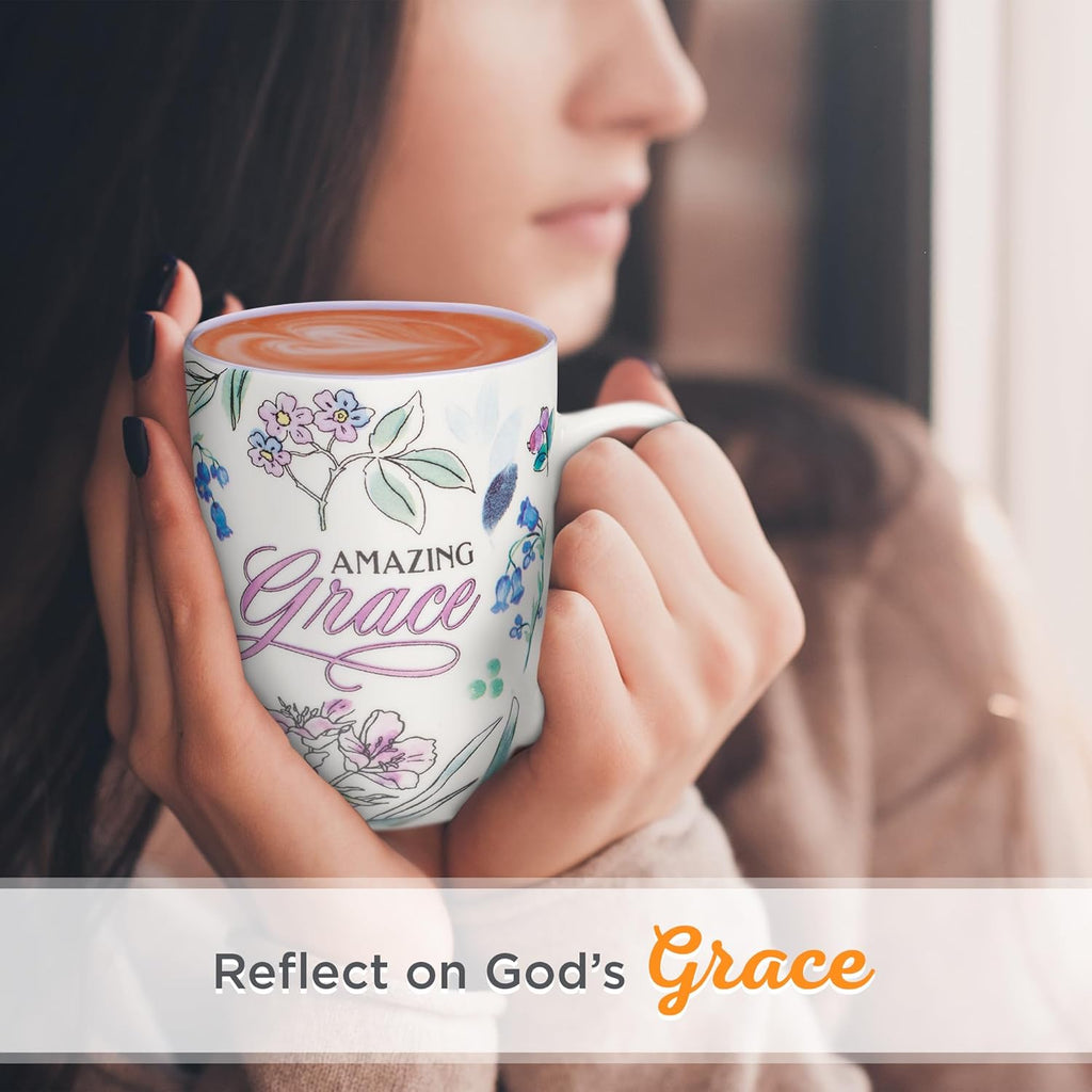 Christian Art Gifts Inspirational Ceramic Coffee & Tea Mug for Women: Amazing Grace, Cute Encouraging Lead-free Microwave & Dishwasher Safe Drinkware, White & Lavender Purple Multicolor Floral, 12 oz.