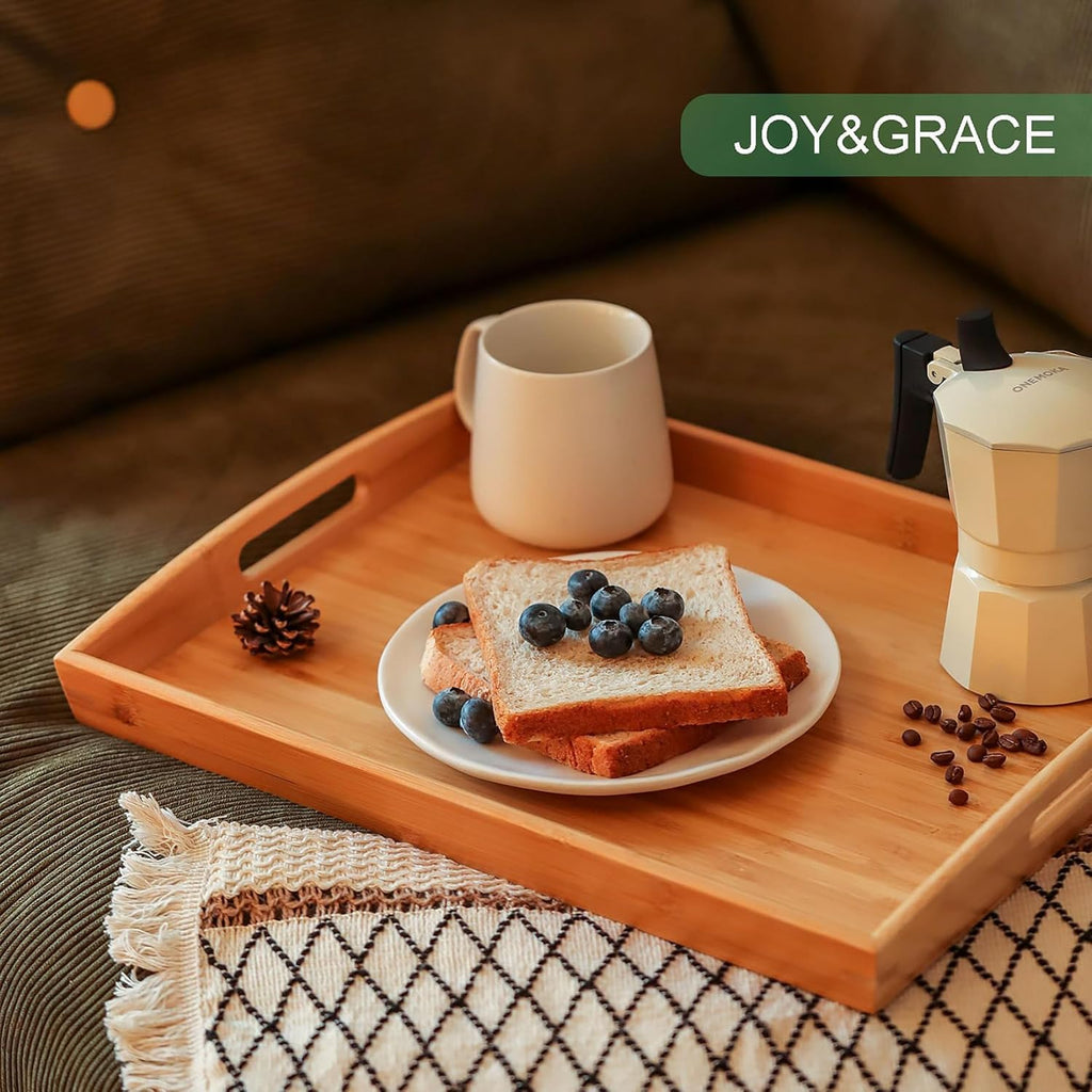 Joy&Grace Bamboo Serving Tray with Handles, Dinner Food Tray for Bed Breakfast Eating and Serving, for Coffee Table Ottoman TV, Decorative Wood Large Charcuterie Platter 16.8 x 12.5 inch 1 Pack