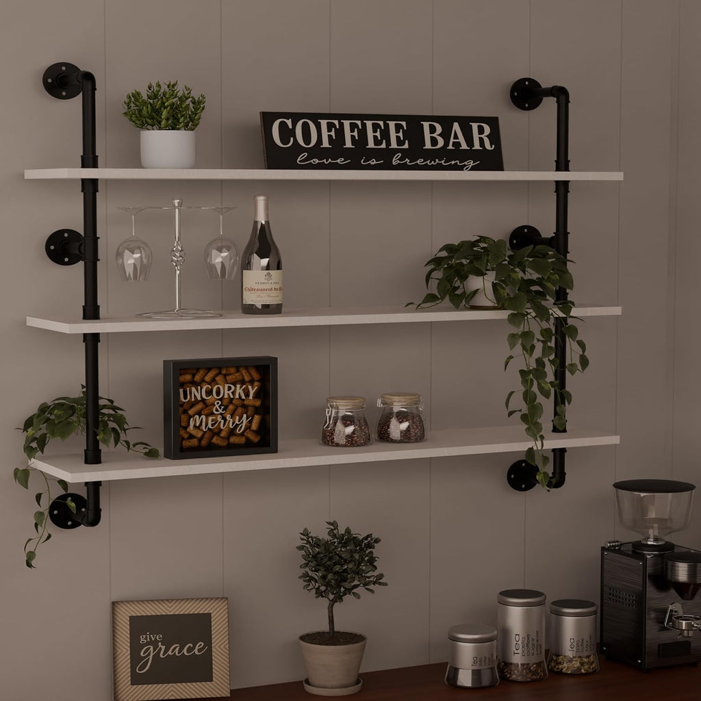 Industrial Pipe Shelving Rustic White Pipe Wall Shelves Industrial Shelves with Wood Planks Floating Shelves 48 Inch Farmhouse Bathroom,Kitchen Shelving Wall Mounted