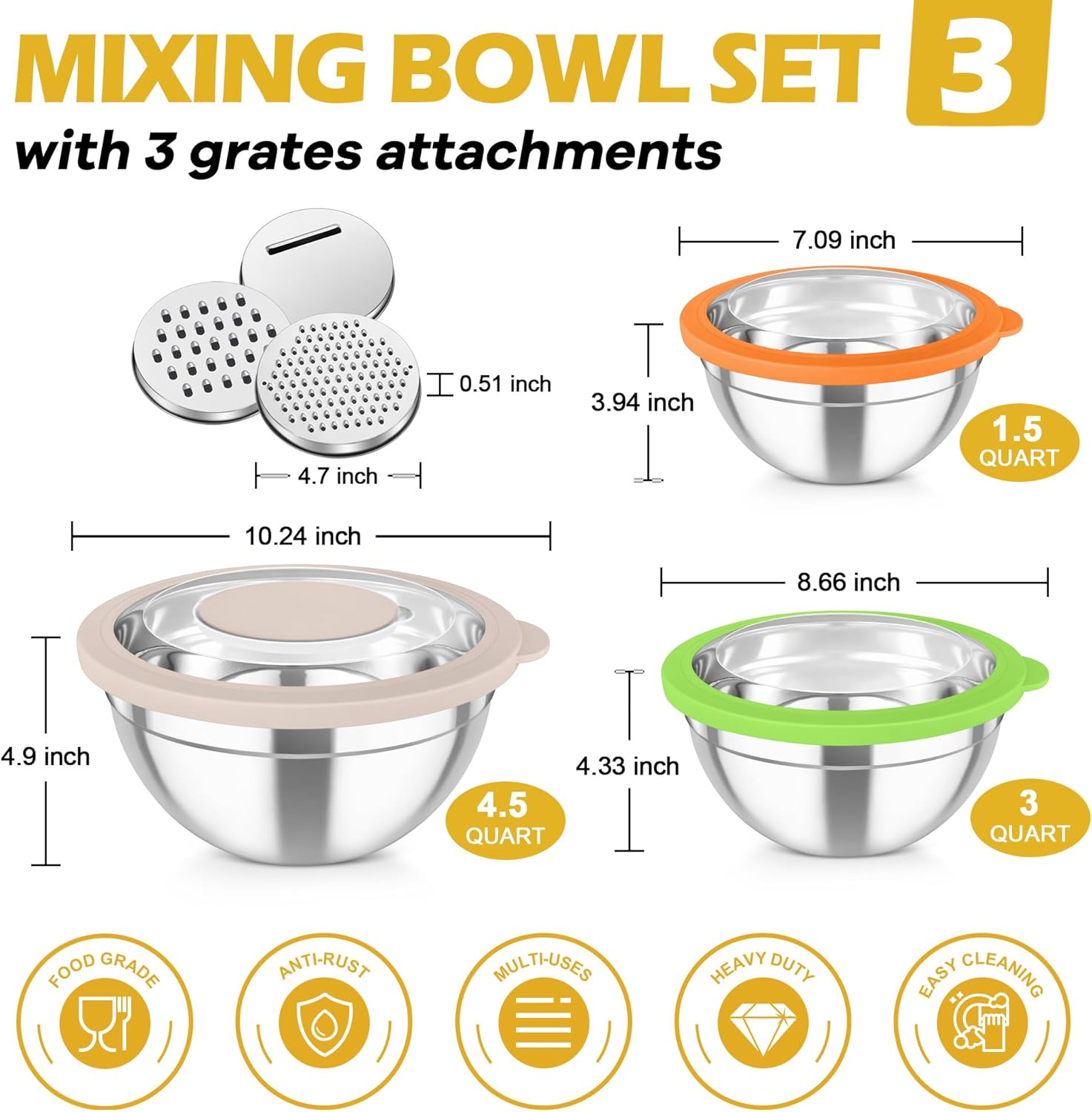 TeamFar Mixing Bowls, 3PCS Stainless Steel Serving Salad Bowls with Lids & 3 Graters, For Kitchen Mixing/Baking/Storing/Prepping, Visible & Airtight, Easy Clean - 4.5/3 / 1.5 QT, Multi-color