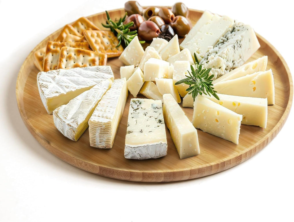 12" Premium Bamboo Round Tray - Natural Multipurpose Serving Platter for Grilling, BBQ, Tea, Coffee & Ottoman Decor