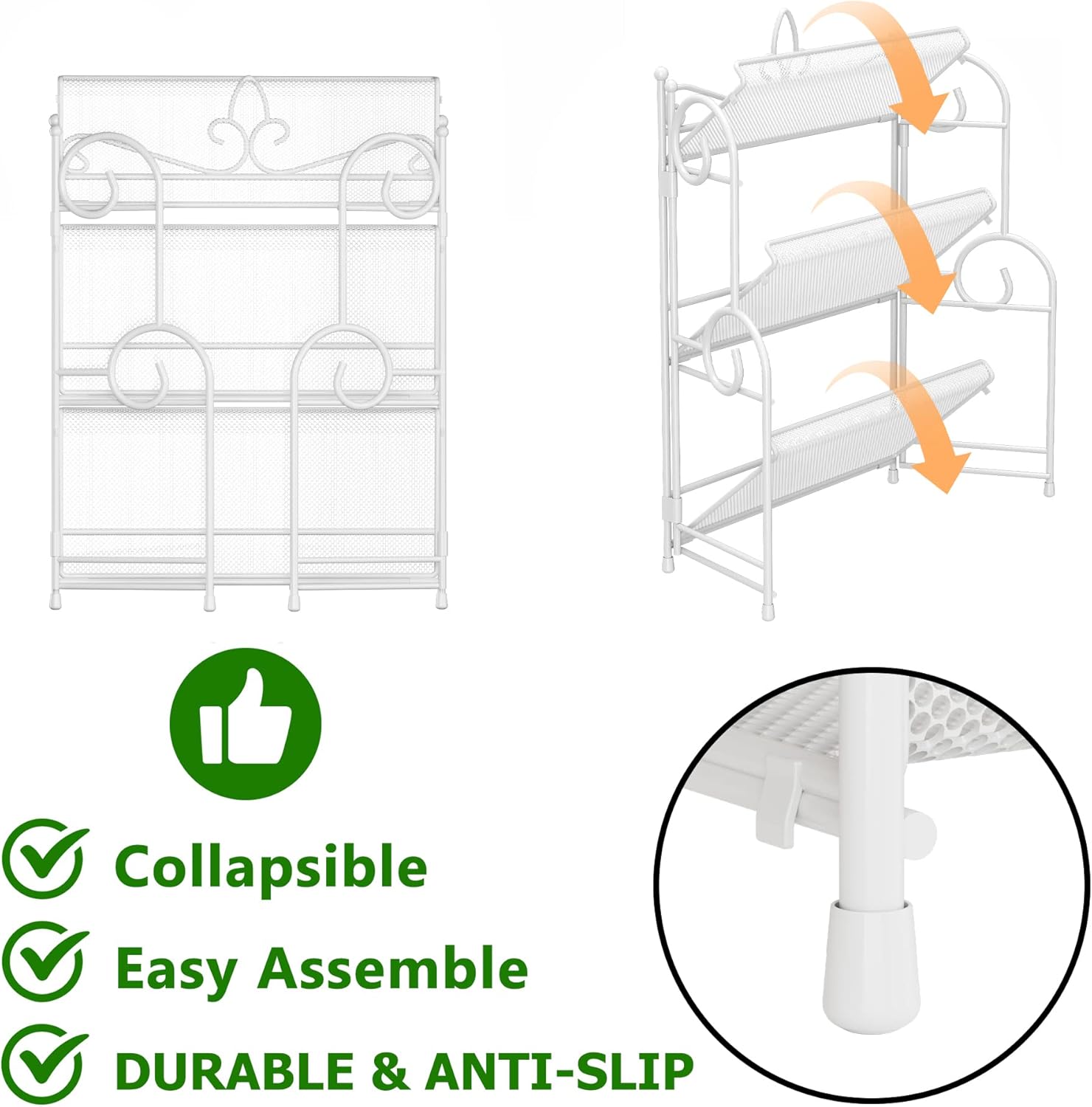 Bathroom Counter Organizer - Spice Rack Countertop 3 Tier Counter Shelf Organizer for Bathroom Kitchen Bedroom Foldable White