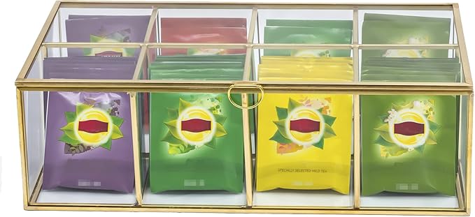 NCYP Glass Tea Bags Organizer with Lid, 8 Compartments Teabag Container, Indoor Counter Top Brass Display Case, 12" x 7.1" x 3.7" Teabag Storage Box, Gold Decor (Glass Box Only)