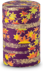 NOREN Japanese Tea Canister Tin (Yuzen Washi Paper), 3.5oz Size Made in JAPAN with Includes Inner Lid of Airtight Damp-Proof/Kitchen Jar for Loose Leaf Coffee Tea (Autumn leaves/Purple)