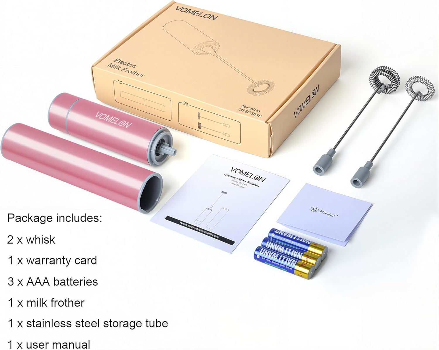 Electric Milk Frother Handheld,Travel Coffee Drink Mixer Batteries Included, 304 Stainless Steel Whisk for latte Cappuccino,Bulletproof Coffee Hot Chocolate,Egg Rose Pink