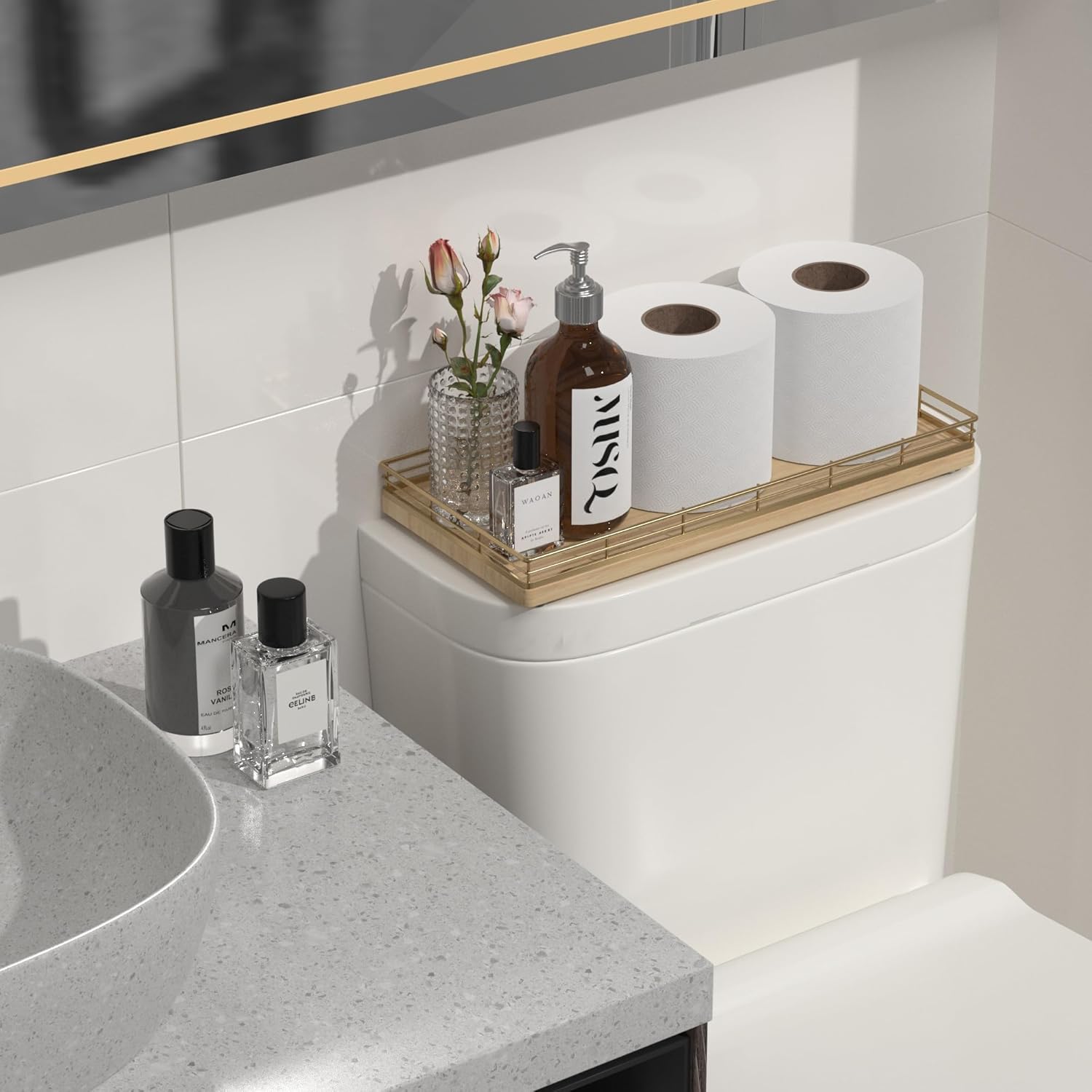 Oak Bathroom Toilet Tank Tray, 13" Wood Back of Toilet Paper Storage Tank Topper Basket, Vanity Tray for Perfume Makeup Candle Toiletry Organizer for Kitchen Coffee Table Natural Tray Decor