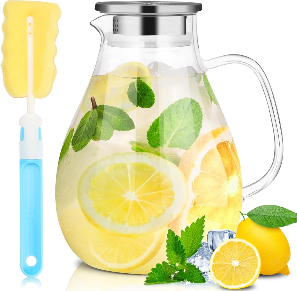 SUSTEAS 2.2 Liter 75oz Glass Pitcher, Water Pitcher with Lid And Wide Handle, Easy Clean Juice Jug for Fridge, Beverage Carafe for Cold/Hot Water, Iced Tea, 1 Long-Handled Brush Included