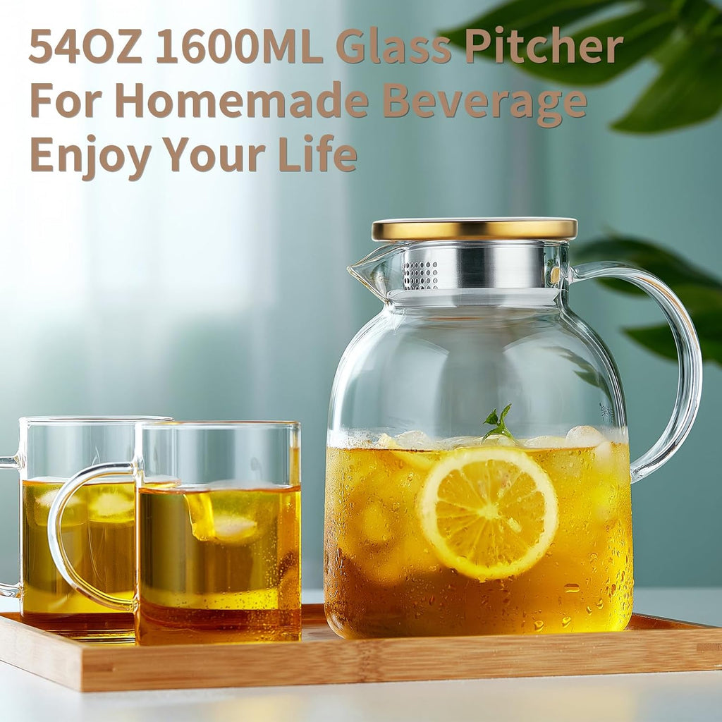 54OZ Glass Pitcher with Lid and Spout, Water Jug, Glass Carafe Water Pitcher for Hot/Cold Beverage, 1600ml for Tea, Juice, Coffee, Milk