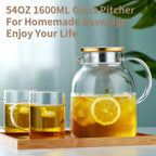54OZ Glass Pitcher with Lid and Spout, Water Jug, Glass Carafe Water Pitcher for Hot/Cold Beverage, 1600ml for Tea, Juice, Coffee, Milk