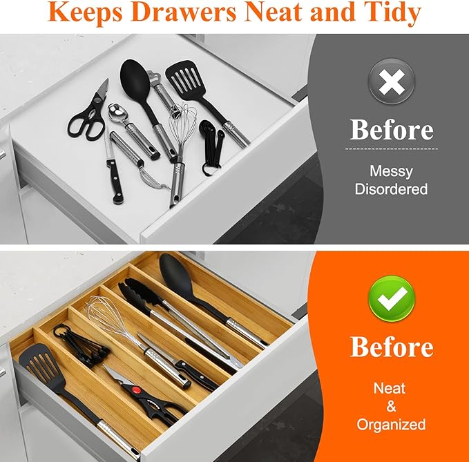 Expandable Silverware Drawer Organizer Storage Large Bamboo Kitchen Tool Utensil Organizers Divider Cutlery Tray Adjustable Flatware Drawer Organizer for Spoon Spatula Cooking Utensils Holder Tray