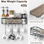 Coffee Mug Holder Organizer 2 Pack with 12 Mug Hooks Mug Rack Wall Mounted with Coffee Bar Sign Farmhouse Coffee Accessories and Organizer with Metal Basket Floating Shelves for Wall Weathered Walnut
