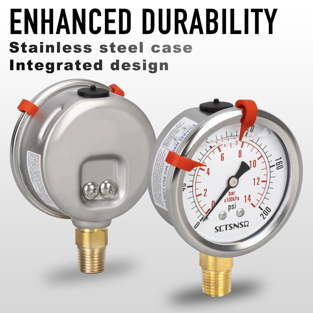 0 to 200 Psi Pressure Gauge, Glycerin Liquid Filled, 2.5 inch Dial, 1/4" NPT Lower Mount, Stainless Steel Case, for Air Compressor, Shock, Water System, Well Pump, Tank, Pipe, Pressure Test