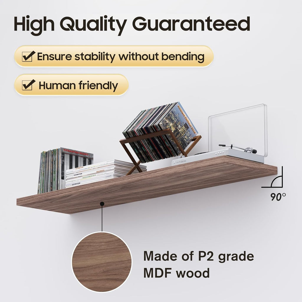 Floating Shelf, Set of 1 Wall Shelf, 24 in W x 12.75 in D x 2 in H Wooden Floating Wall Shelf with Invisible Brackets for Living Room/Bedroom/Bathroom/Kitchen Storage and Decor, Walnut