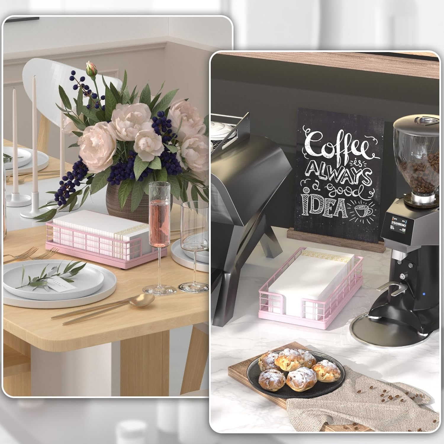 Wican Guest Towel Holder Tray for Bathroom, Oak and Iron Napkins Holder for Powder Room Dinning Table Wooden Basket for Disposable Paper Hand Towels Totally Pink