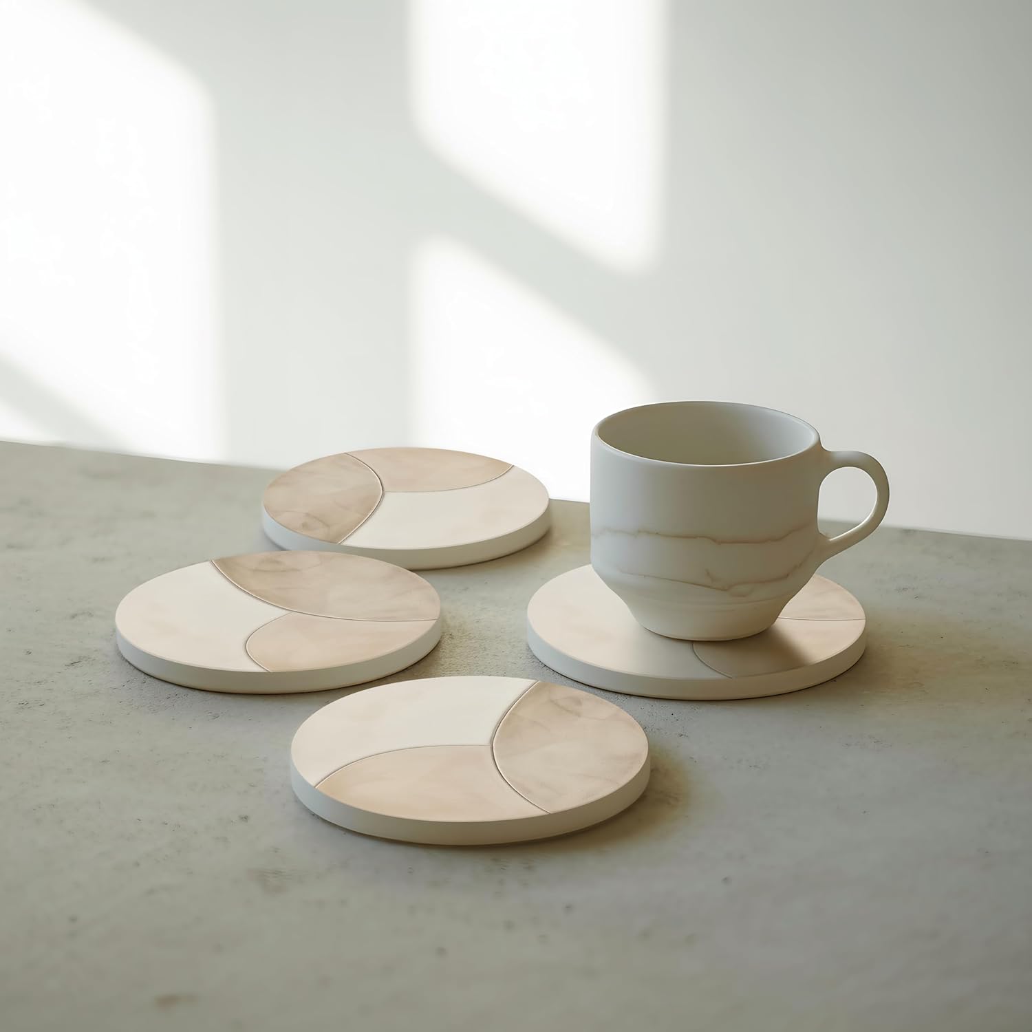 VEYRO Coasters Set of 6 for Drinks – Absorbent Ceramic Stone Drink Coasters with Cork Backing for Coffee Table & Desk, Modern Marble Look Cup Coaster Set, Housewarming Gift for New Home