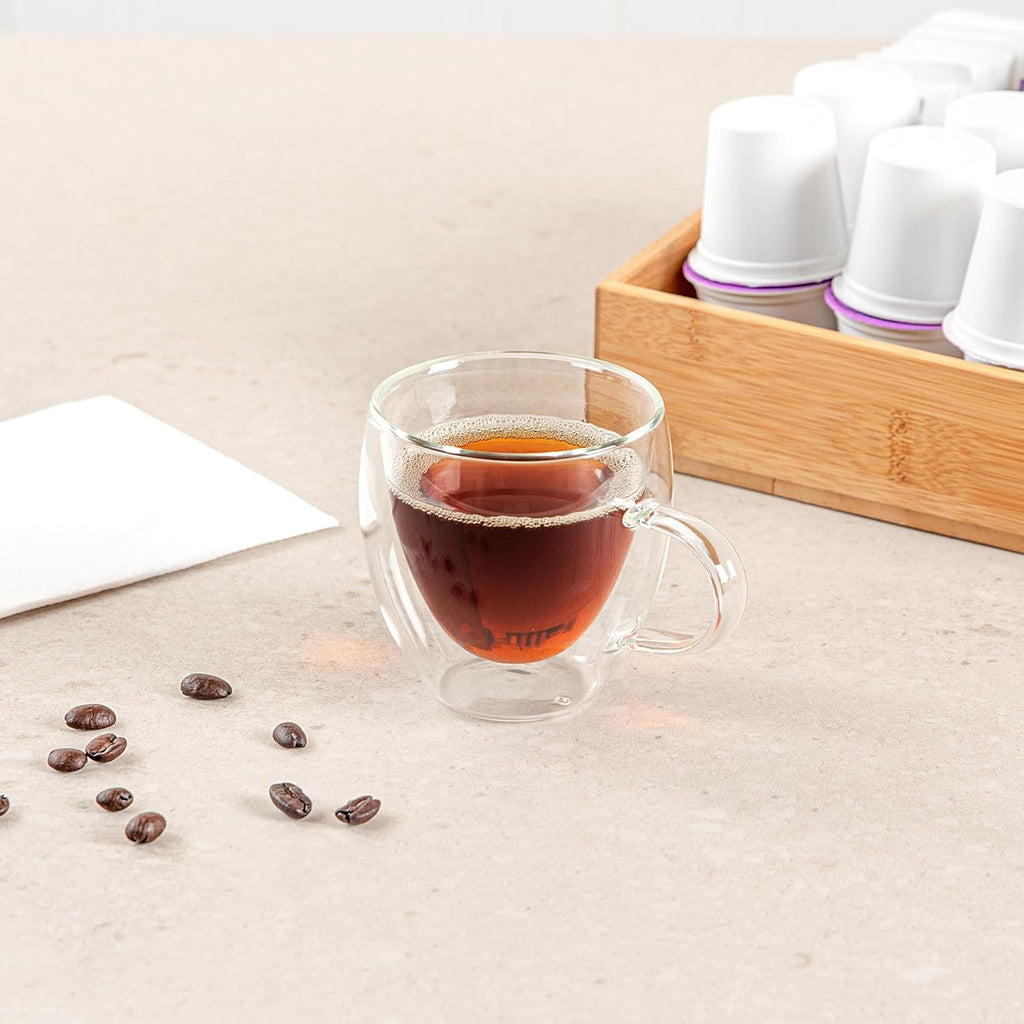 Restaurantware-Forma Professional 5.1 Ounce Glass Coffee Cups, 12 Insulated Coffee Cups With Handle - Dishwashable, Reusable, Clear Double Wall Beverage Tumblers, Freezable, For Hot Or Cold Beverages