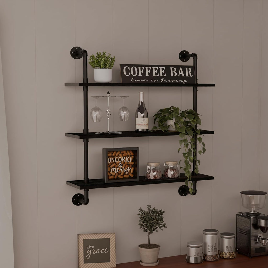 Industrial Pipe Shelf Shelving Bookcase, Wall Mounted Rustic Bookshelf, Floating Bookshelves for Wall,Retro Wood Metal Pipe Industrial Shelves for Living Room