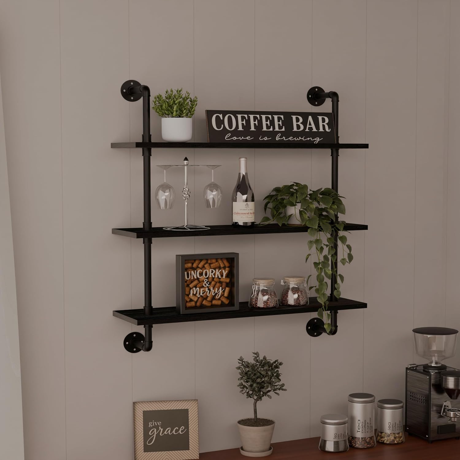 Industrial Pipe Shelf Shelving Bookcase, Wall Mounted Rustic Bookshelf, Floating Bookshelves for Wall,Retro Wood Metal Pipe Industrial Shelves for Living Room