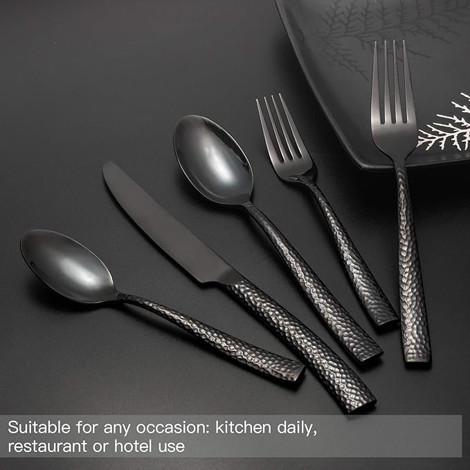 Silverware Set Black Flatware Set Hammered Stainless Steel Cutlery Set Mirror Finished 60 Pieces Home Faimily Use Service for 12