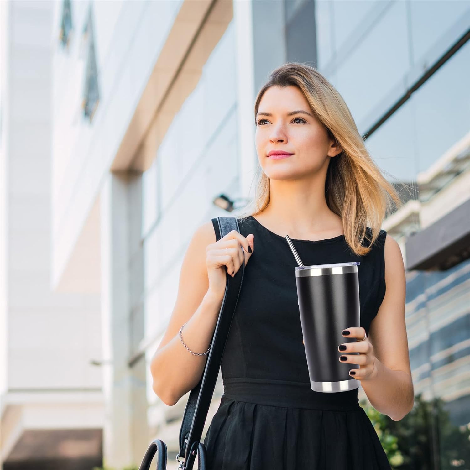 Pandance 20oz Stainless Steel Insulated Tumblers with Lid and Straw Bulk, Double Wall Vacuum Water Cups for Hot & Iced Coffee Drinks Travel Mug (Black, 8 pack)