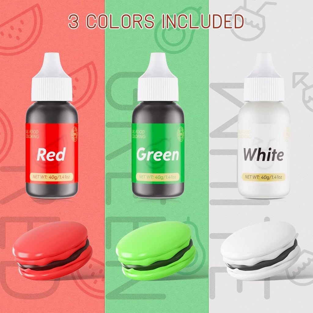 Gel Food Coloring for Cake Decorating - 3 Concentrated Assorted Food Color Edible Christmas Red Green White - Food Grade Dye for Easter Eggs Fondant Cookies Frosting Royal Icing Baking - 40g/Bottle