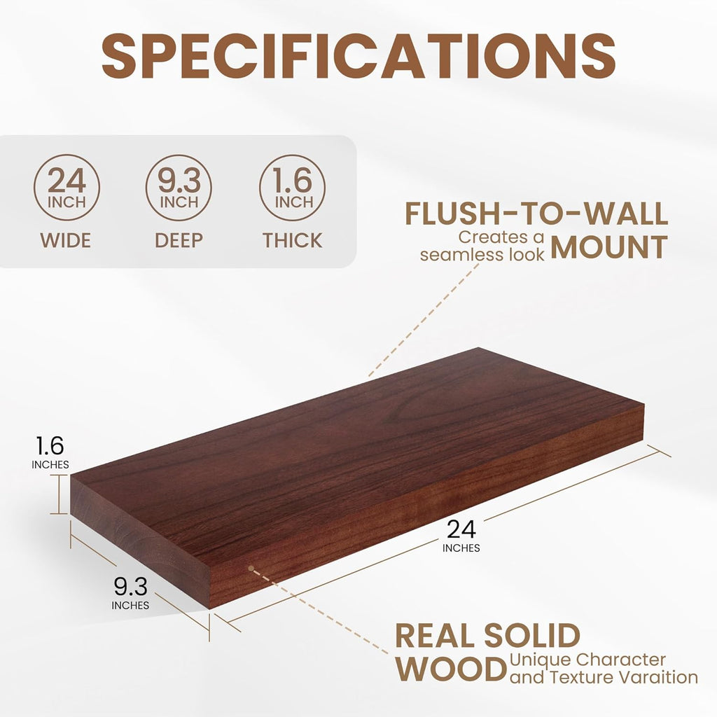 Floating Shelves, 9.3 Inch Deep Floating Shelves for Wall, Solid Wood Shelves 24 Inch Long, Deep Wall Shelves for Living Room, Bathroom, Kitchen, 24"W x 9.3"D x 1.6"H, Red Brown, Set of 2