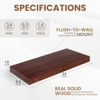 Floating Shelves, 9.3 Inch Deep Floating Shelves for Wall, Solid Wood Shelves 24 Inch Long, Deep Wall Shelves for Living Room, Bathroom, Kitchen, 24"W x 9.3"D x 1.6"H, Red Brown, Set of 2