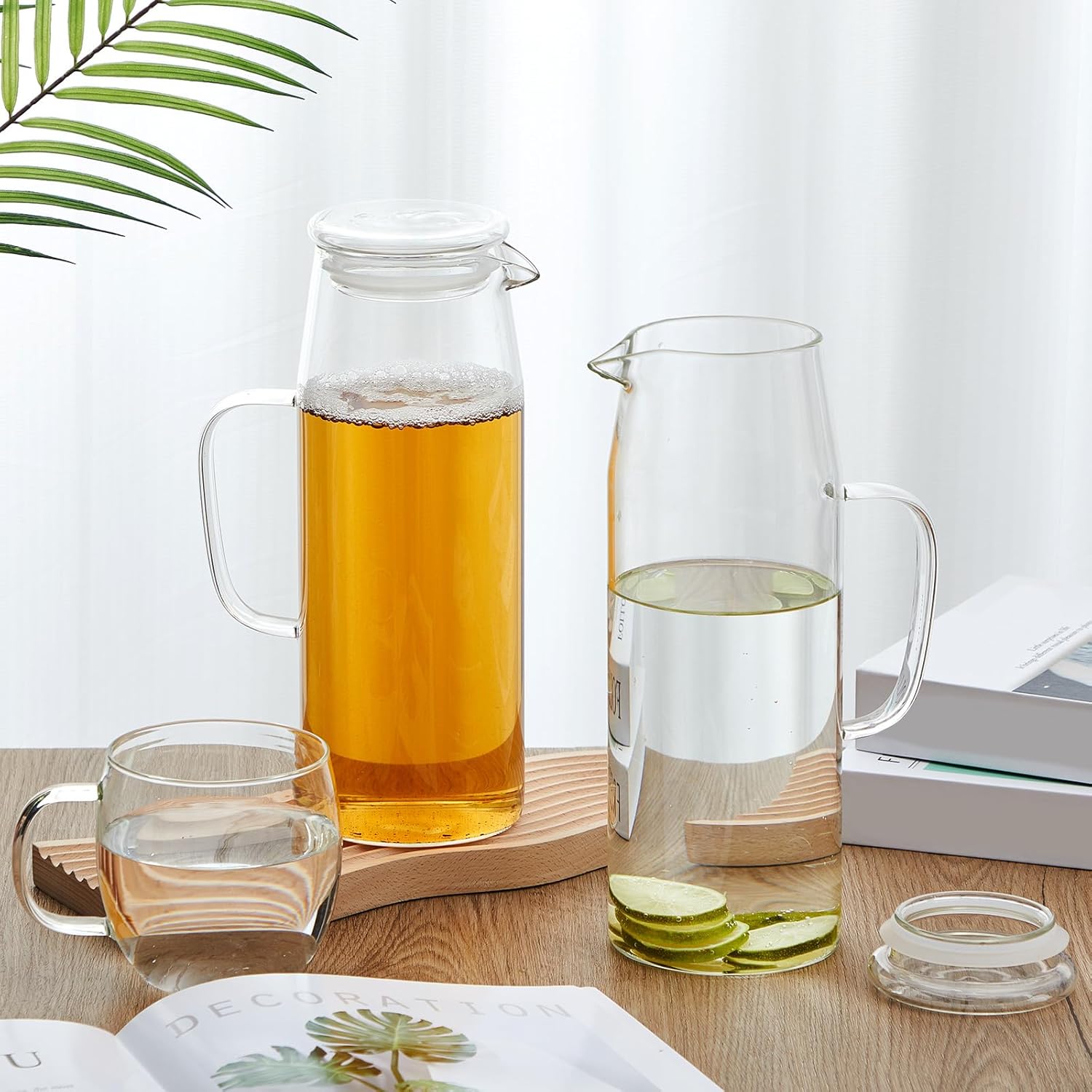Hsei 2 Sets Glass Pitcher with Lid, 67.6 oz / 2000 ml Water Carafe with Handles Hot Cold Beverage Water Jar Glass Jug for Tea Juice Milk Coffee Iced Beverage (Glass Lid)