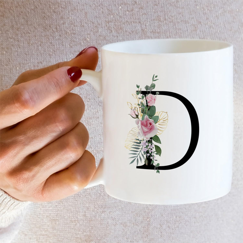 Retreez Initial A-Z Floral Botanical Bouquet Alphabet Monogrammed Monogram Mug 11 Oz Ceramic Tea Coffee Mugs - Appreciation Thank You Wedding Birthday Gifts for her friend coworker sister - D Initial