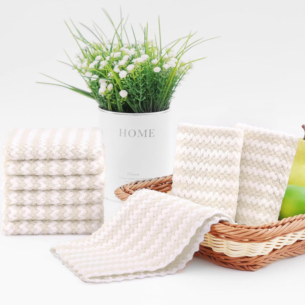 Homaxy 24 Pack Kitchen Dish Cloths, Ultra Soft and Absorbent Dish Towels, Reusable Fast Drying Microfiber Cleaning Cloth, Coral Velvet Wave Design No-lint, 10 x 10 inches, Beige